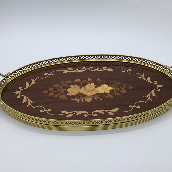 Italian Wood Inlay Oval Serving Tray - Picture 6 of 10